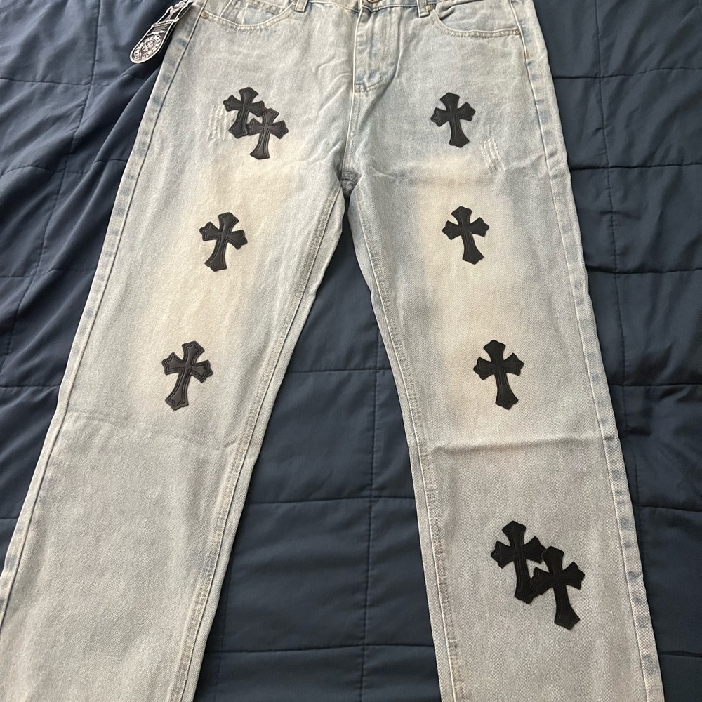 Chrome Hearts Straight Blue and Black Jeans with Cross Embellishments